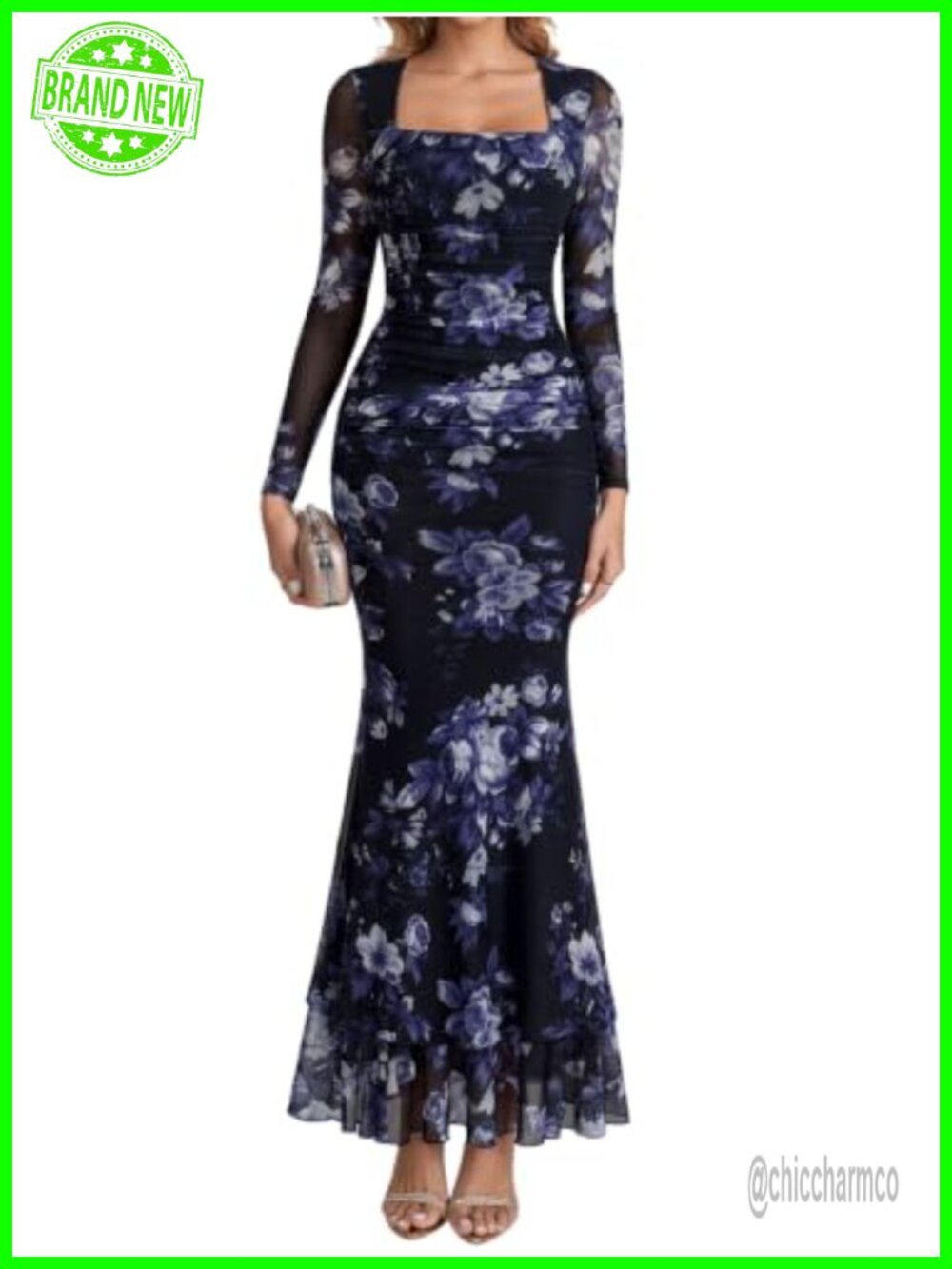 Square Neck Long Sleeve Mermaid Maxi Dress Stretch Mesh Ruffle Hem